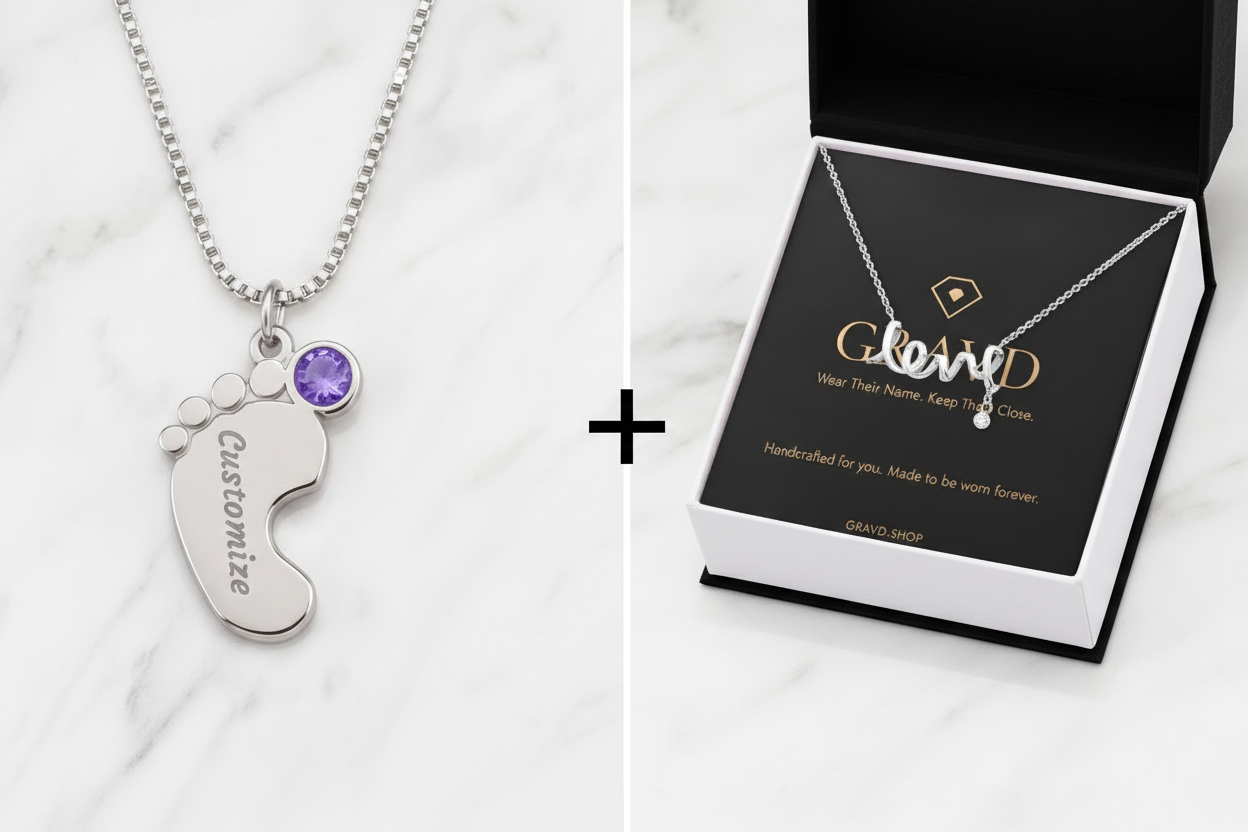 Promotional collage for a customizable baby foot necklace. Left side shows a silver ball-chain necklace with a silver baby foot pendant engraved with 'Customize' and a small purple gemstone.