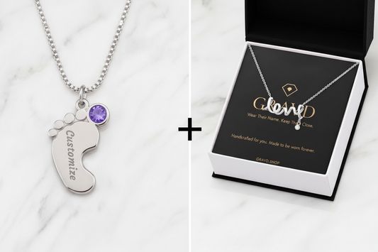 Promotional collage for a customizable baby foot necklace. Left side shows a silver ball-chain necklace with a silver baby foot pendant engraved with 'Customize' and a small purple gemstone.